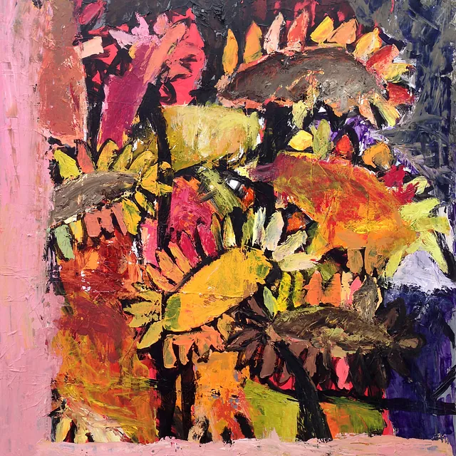 Acryl på lærred: 110 x 100 cm. Titel: Solsikke